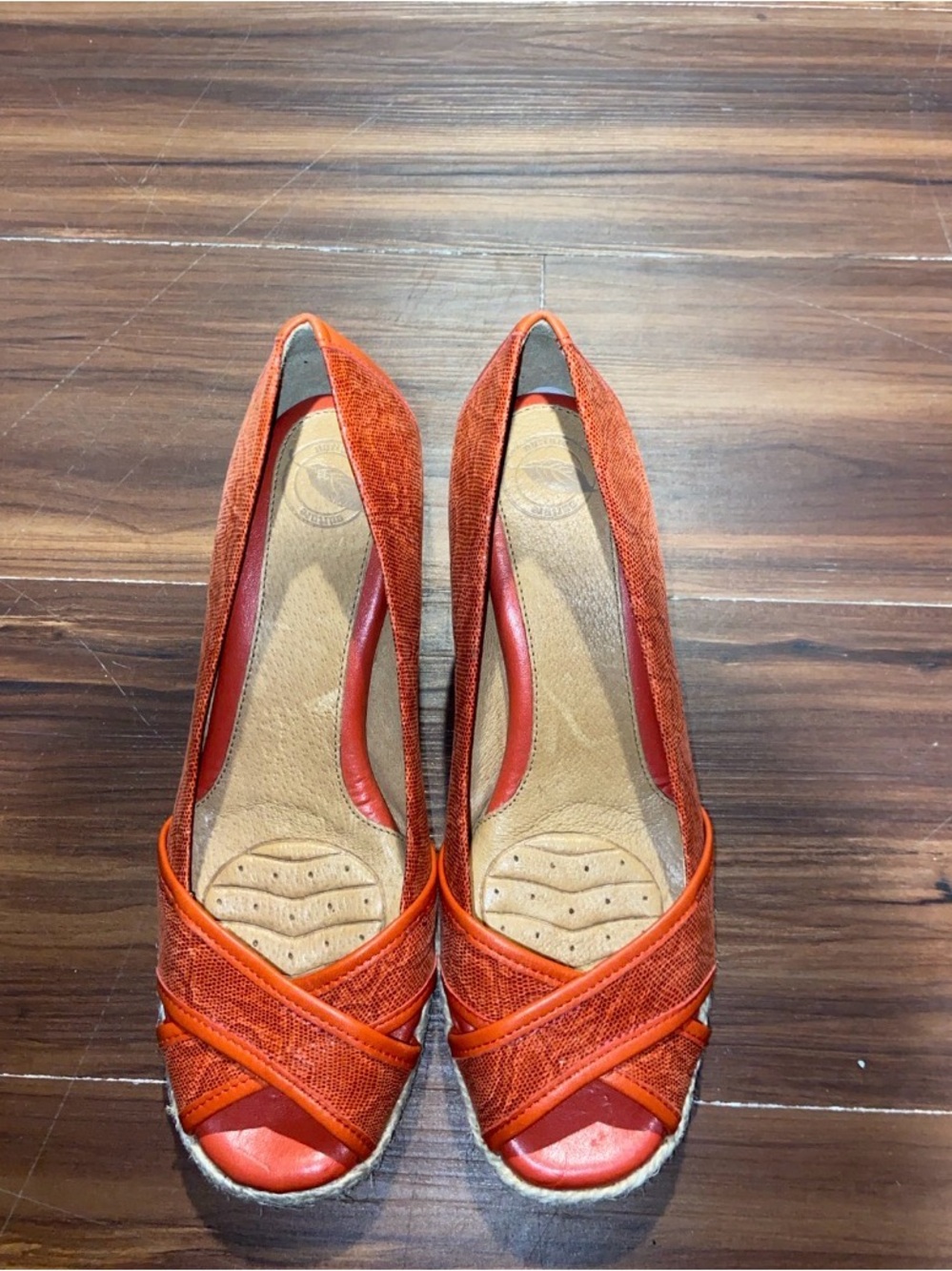 Nurture Antonia 7.5M Coral Orange Leather Embossed Peep Toe Espadrille Wedges
